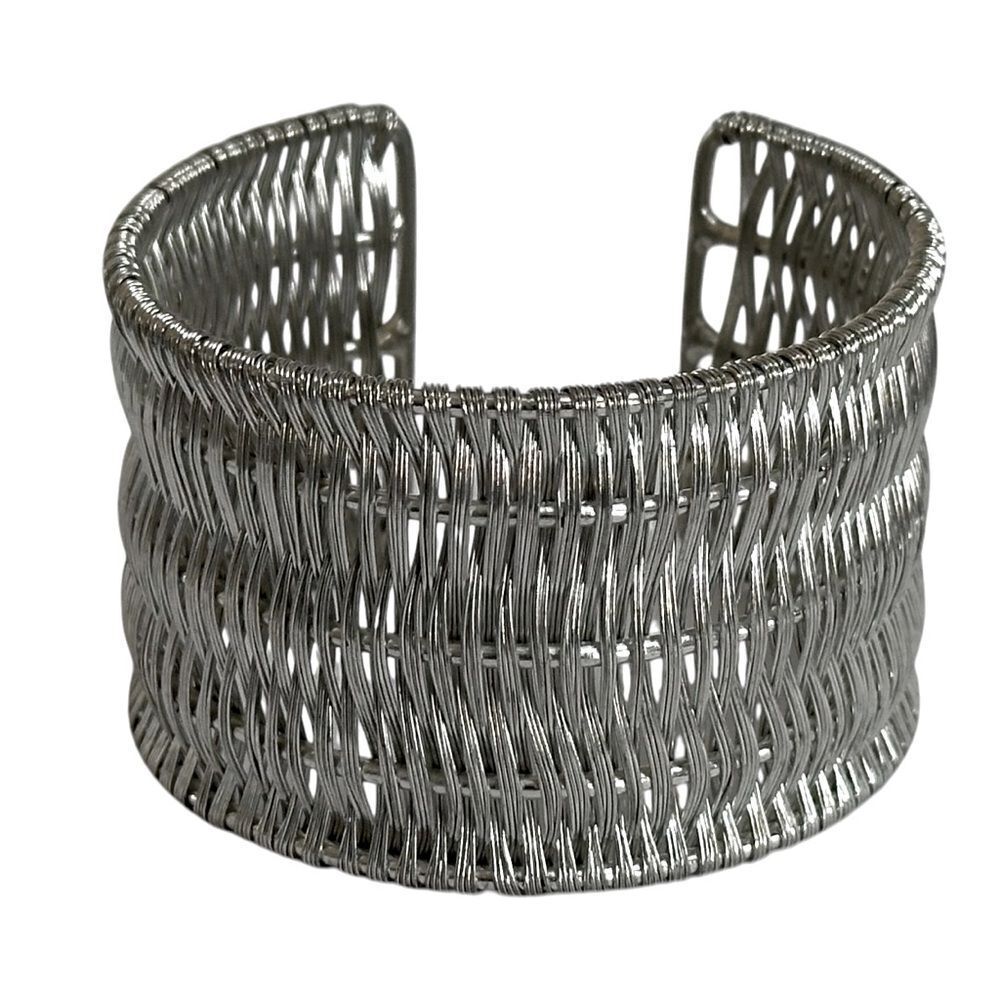 Cuff Bracelet Wide Statement Silver-tone Metal Basket Weave 2.5”